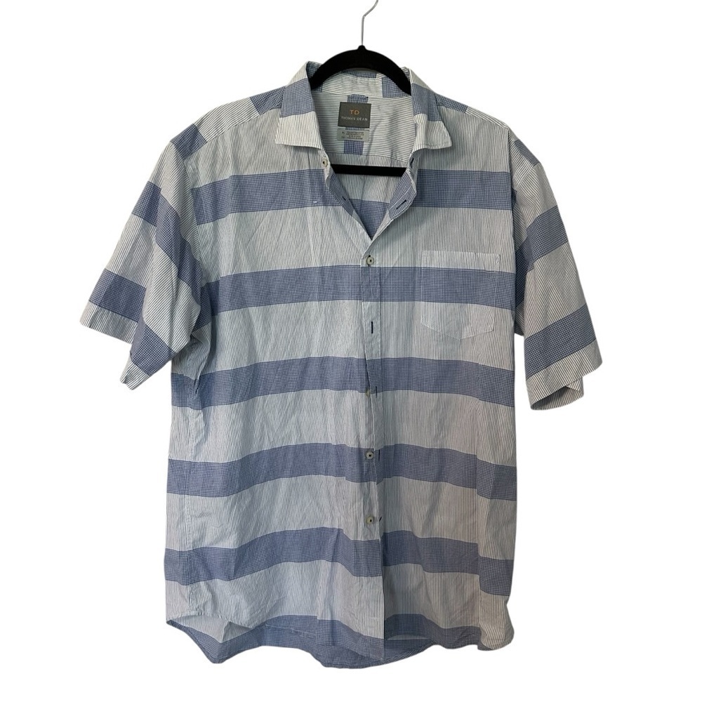 Thomas Dean Menβs Short Sleeve Blue Striped Casual Button Up Shirt Sz XL GUC
